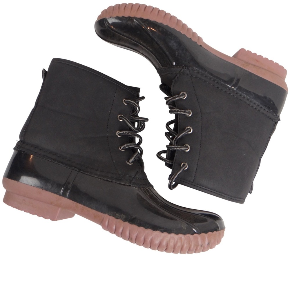 Charlotte Russe Black Lace Up Duck Boots Waterproof Rubber Sole Plaid Lined